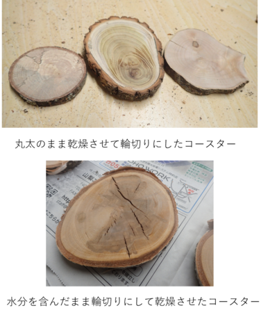 形状を変えて乾燥させたコースターの比較写真