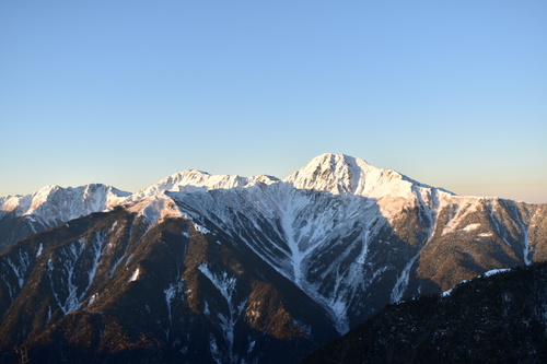 雪が付いて白く染まった北岳
