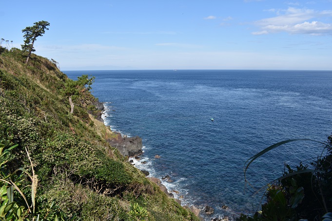 歩道から見える海の景色。透き通る海。遠くに房総半島が見える。