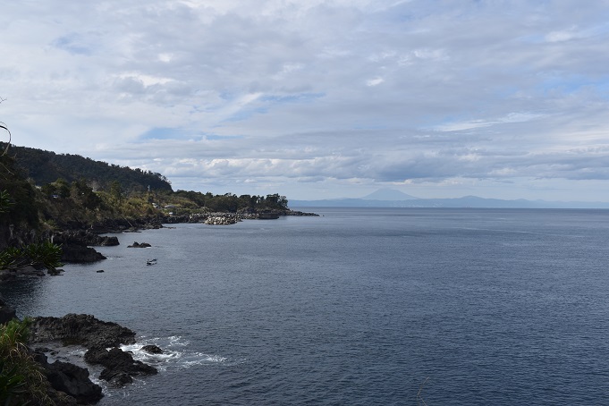 終点付近の潮吹き崎から見える景色。泉津漁港の長閑な景色と富士山。