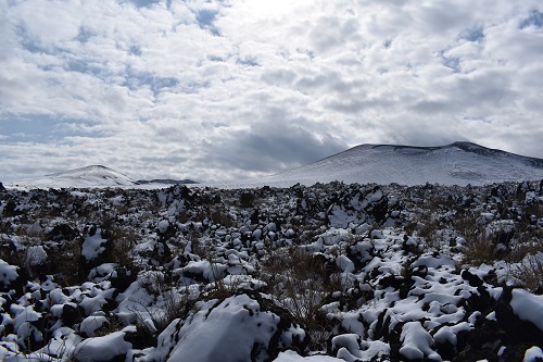 山頂口から眺めた雪の三原山