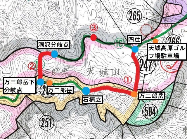 画像：①四辻～石楠立 ②万三郎岳下分岐点～涸沢分岐点 ③涸沢分岐点～四辻