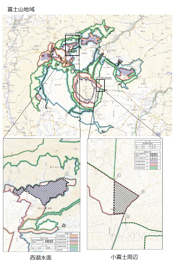 富士山地域西湖及び小富士への乗入れ規制区域図 富士山地域西湖及び小富士への乗入れ規制区域図